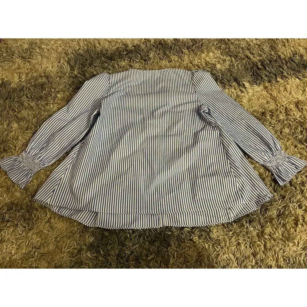 Tuckernuck Womens Blue Stripe Easton Blouse V-Neck Smocked Wrists Size M Preppy
